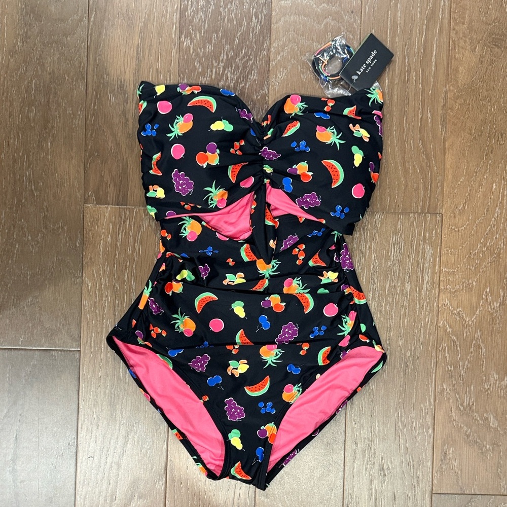 kate spade Black One-Piece Swimsuit with Bright Fruit Print and Pink Lining - Picture 3 of 11